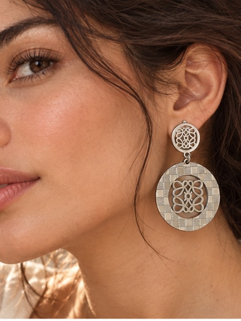 Designer Inspired Silver Tone Checkerboard Openwork Medallion Drop Earrings